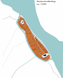 <p>Schetsmatige plattegrond van Kampen omstreeks 1350-1400. Aan de noordzijde zijn De Hagen en de Wildfang bij de stad getrokken. De stad is volledig ommuurd. Aan de zijde van de IJssel is een nieuwe stadsmuur gebouwd, daar waar de Oudestraat via een reeks smalle stegen verbonden zou worden met de Voorstraat en de IJsselkade (Winsen en Van Velzen 2012, p. 122). </p>
